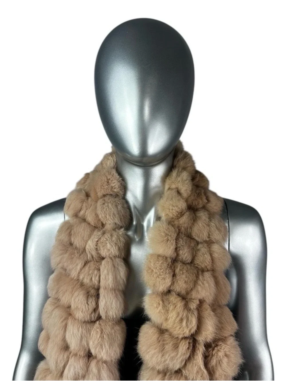 Rose-Beige RABBIT Scarf w/POM POMS, Size 47”L, Certified Vintage Fur